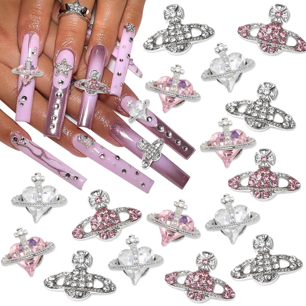 16PCS 3D Planet and Heart Nail Charms Crystal Rhinestone Nail Art Decorations for DIY Crafts