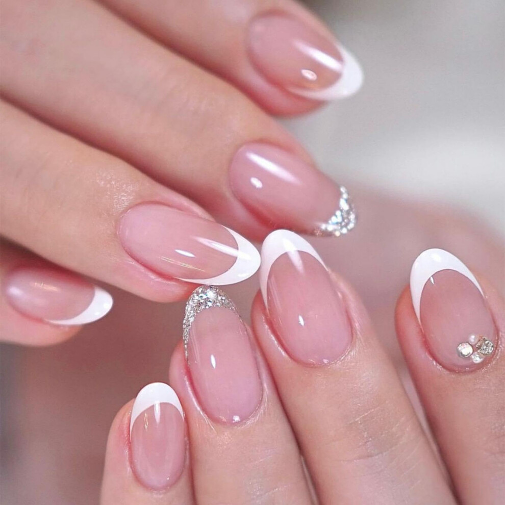 Pink Medium Almond Press On Nails French Tip Glossy With Glitter 24Pcs Acrylic False Nails