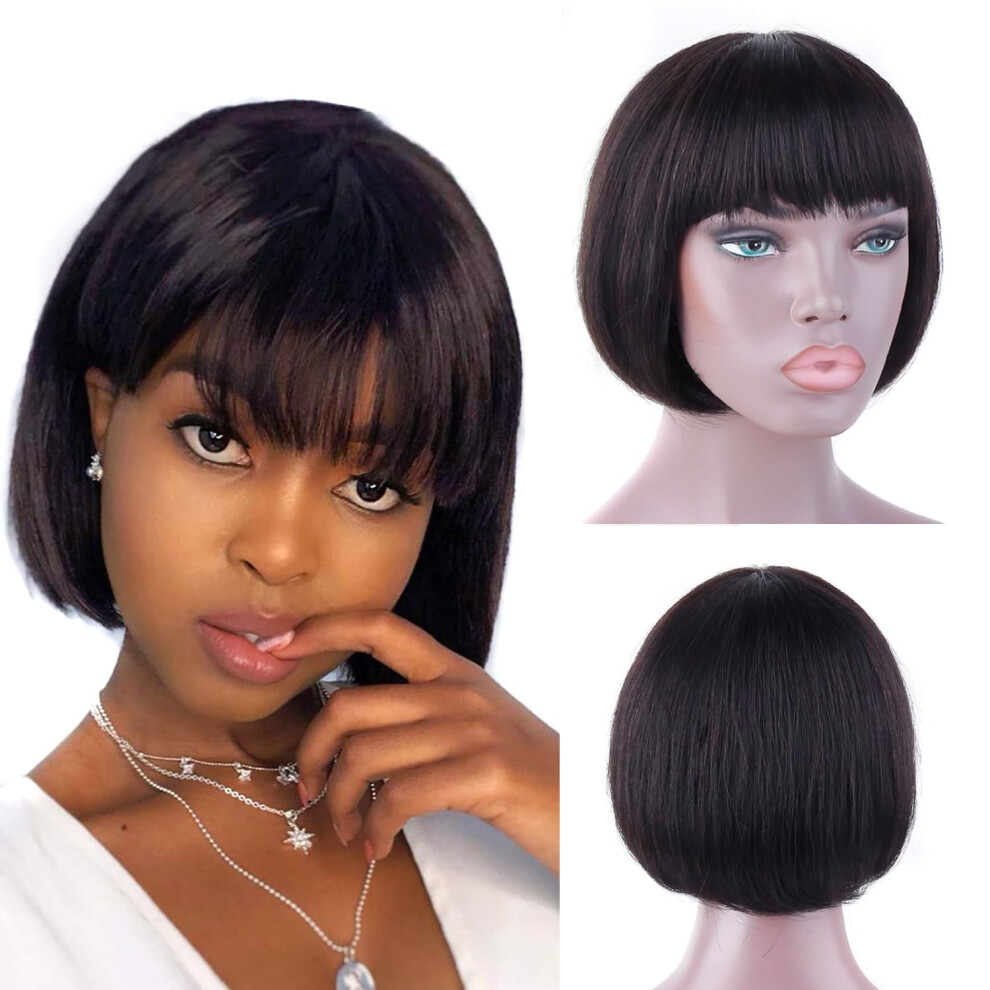 Unisex Black Bob Wig With Bangs 10 Inch Straight Brazilian Remy Human Hair, Glueless 150% Density Natural