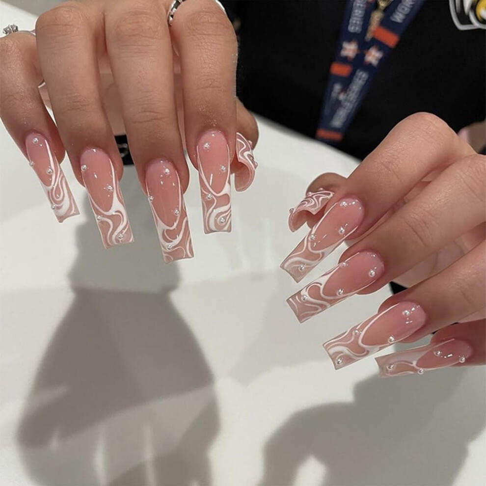 24pcs Long Coffin Press on Nails Pearl Pink Acrylic Fake Nails French Tip SalonQuality Manicure