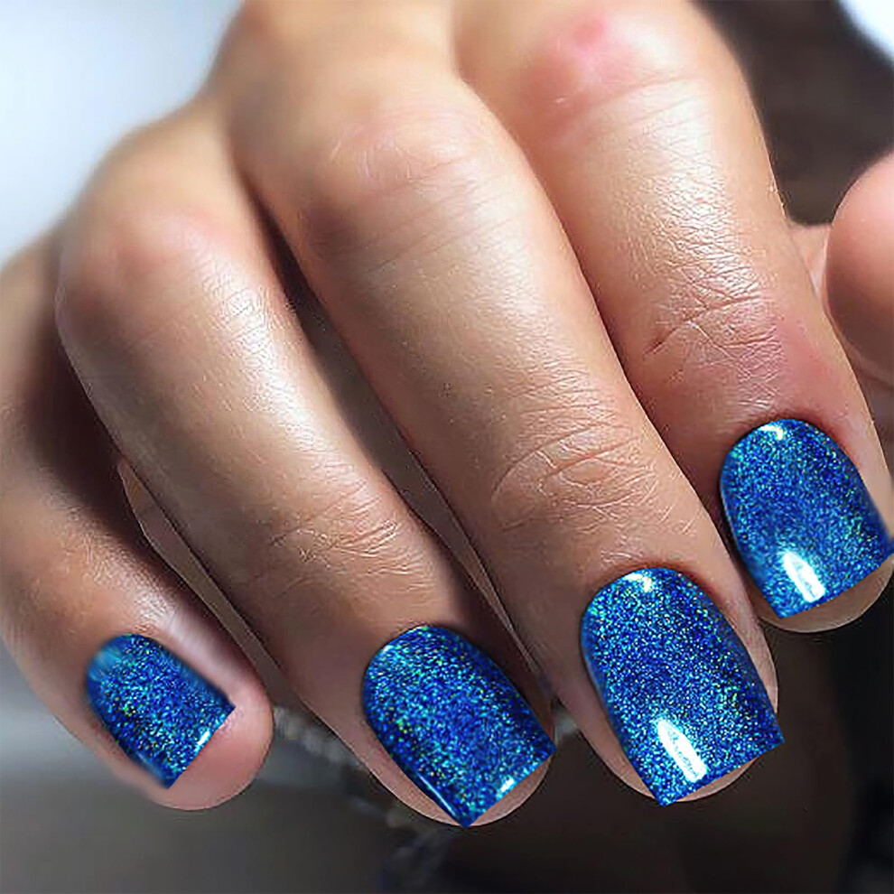 Blue Glitter Press On Nails Short Square Fake Nails Set Sparkly False Nails For Women 24Pcs