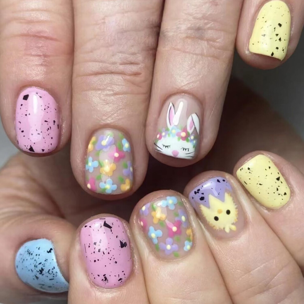 24pcs Easter Press On Nails Set with Bunny Prints Short Square Acrylic Fake Nails with Glue