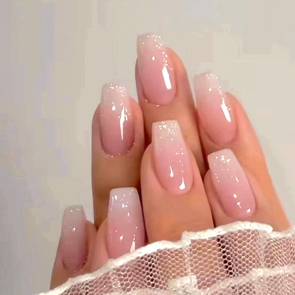 Pink Gradient Coffin Press On Nails Set, Medium Glossy Acrylic False Nails, 24 Pcs Salon Quality