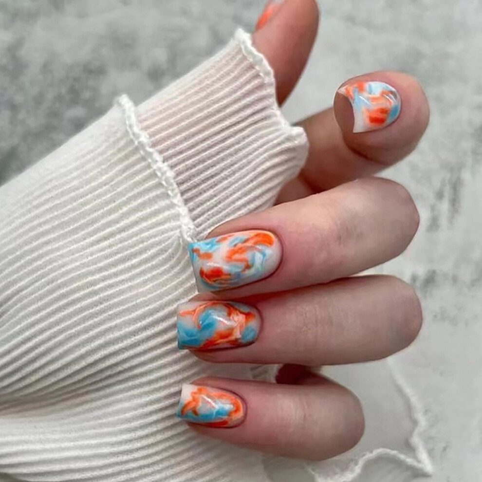 Blue Orange Gradient Press On Nails Square Acrylic Cat Eye Coffin Style 24Pcs Instant Salon Manicure
