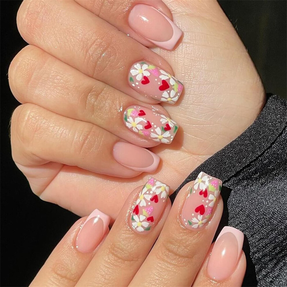 Short Square Press On Nails Set with Colorful French Tips, 24pc False Nail Kit with Glue and File