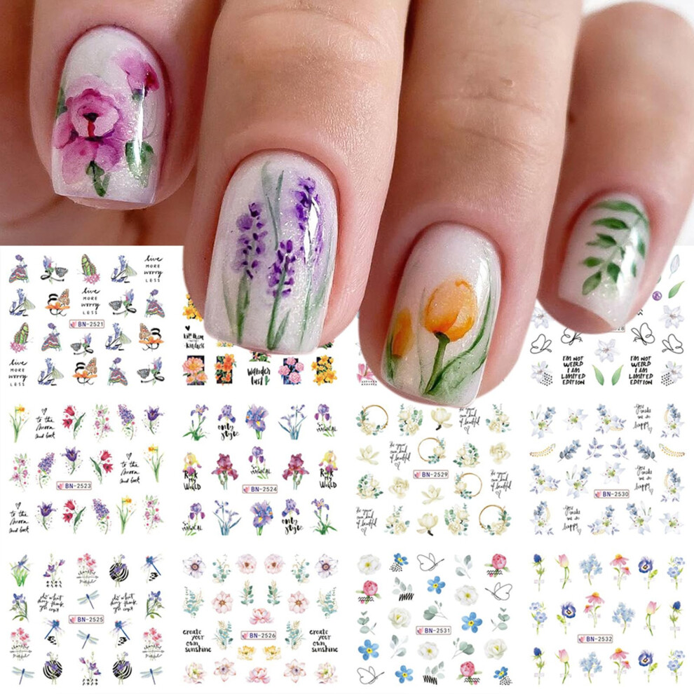 12 Sheets Flower Nail Art Stickers Set  Spring Summer Floral Water Transfer Decals with Butterfly