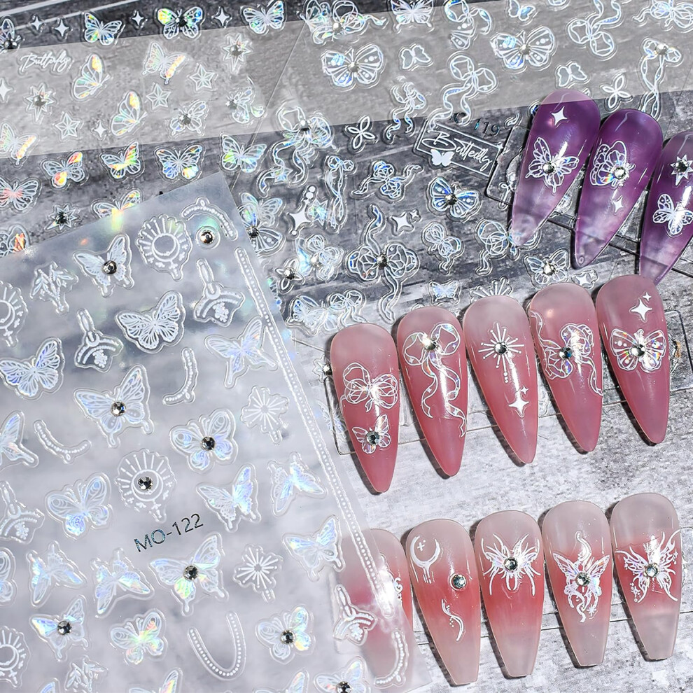 Butterfly Nail Stickers 5 Sheets with 3D Rhinestone Accents and LaserCut Nail Art Decals for Manicure