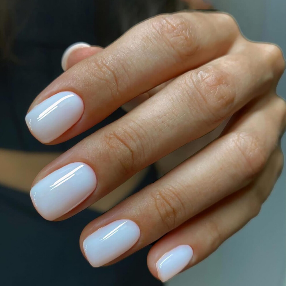 White Short Square Press On Nails With Glue, Reusable Acrylic False Nails For Instant Salon Look, 24Pcs