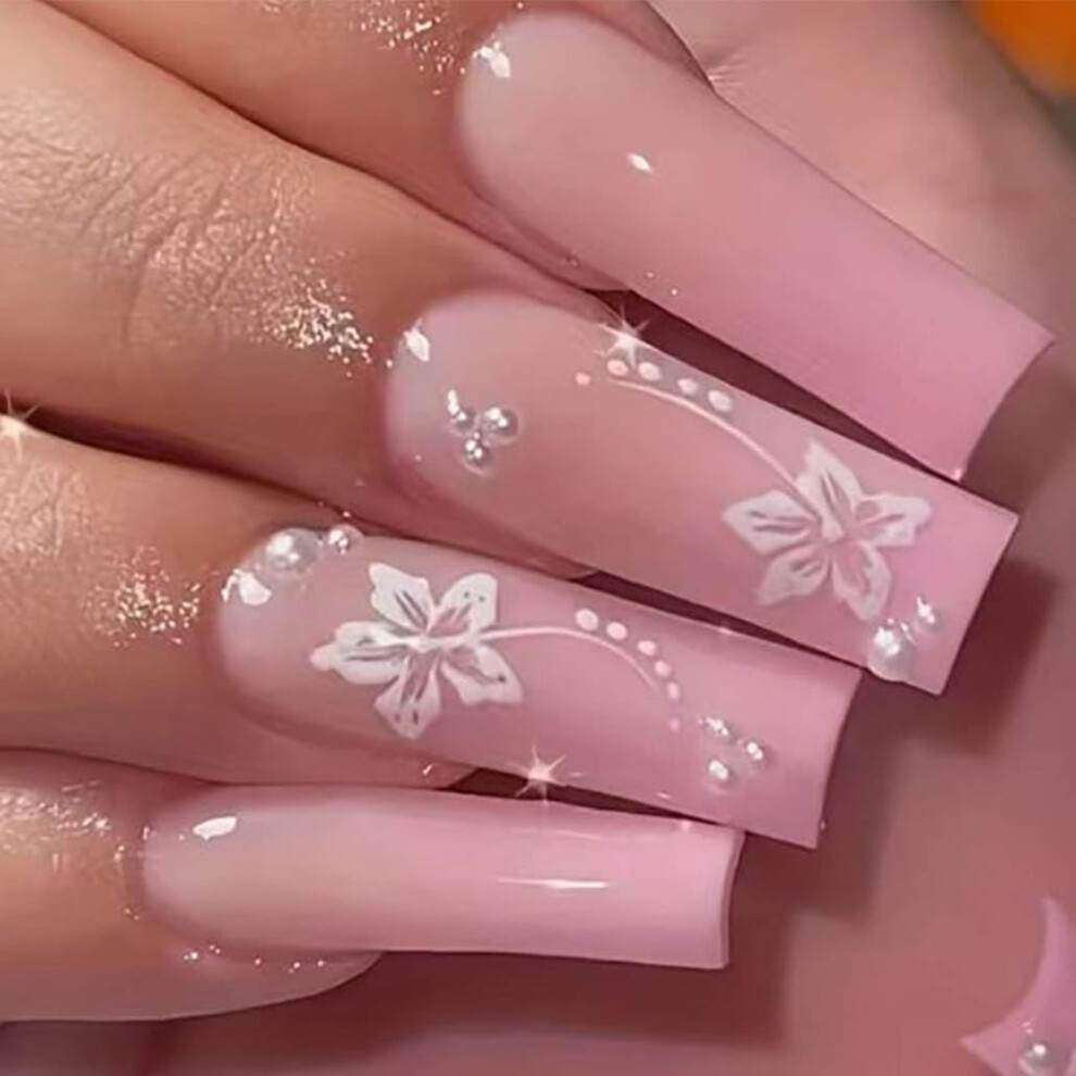 Pink Gradient Press On Nails Square Acrylic Fake Nails Glossy Full Cover Tips 24Pcs