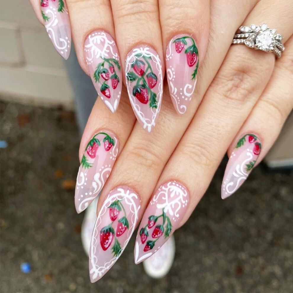 Strawberry Design Press on Nails Short Almond Acrylic Fake Nails Matte Polka Dots 24Pcs Set