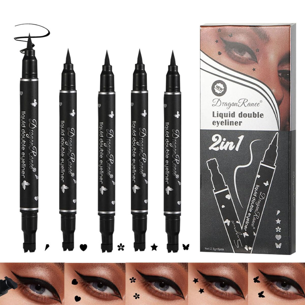 Eyeliner Stamp Set 5pcs DoubleEnded Waterproof SmudgeProof Liquid Liner with 5 Shapes for Beginners