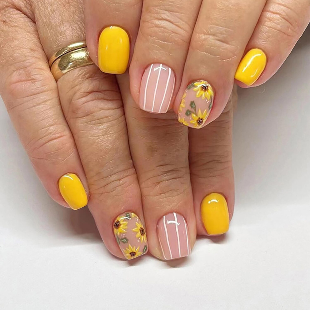 Short Coffin Press On Nails Sunflower Design Acrylic Fake Nails Reusable SalonQuality Nail Kit