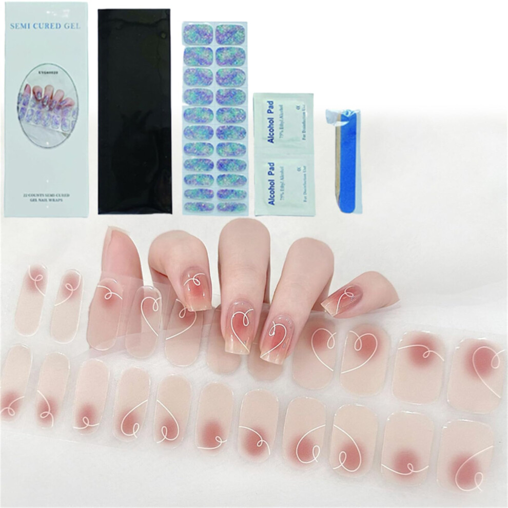 Semi Cured Gel Nail Strips Kit with Glossy Nude UV Gel Stickers, Long Lasting Salon Finish