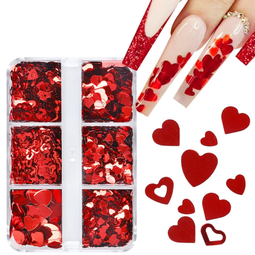 Red Valentine Nail Art Heart Glitter Sequins 3D Holographic Love Stickers For Acrylic Nails 6 Grids