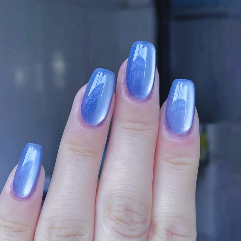 Blue Glitter Press On Nails Set Medium Square Acrylic Fake Nails Reusable Glue On 24Pcs