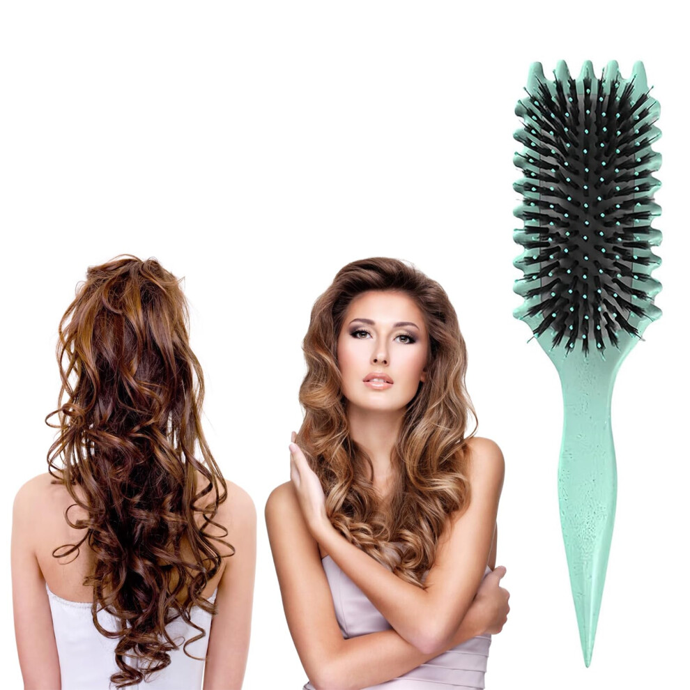 Light/Green Curl Defining Boar Bristle Hair Brush For Curly Hair Styling And Frizz Control