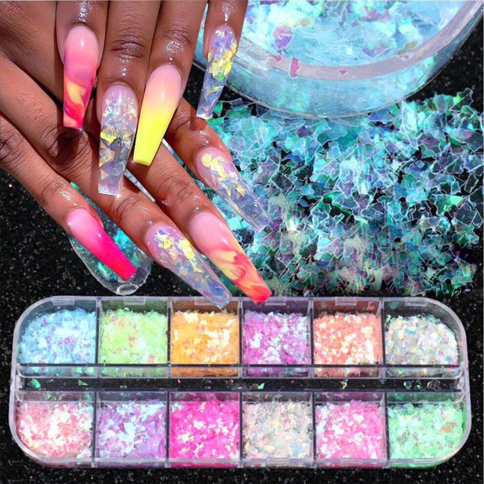 Holographic Nail Glitter Sequins 12 Colors Iridescent Flakes for Acrylic Manicure Decorations