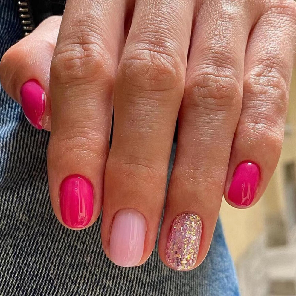 Pink,Gold 24Pcs Hot Pink Press On Nails Short Square Gold Glitter Fake Nails With Secure Longlasting Hold