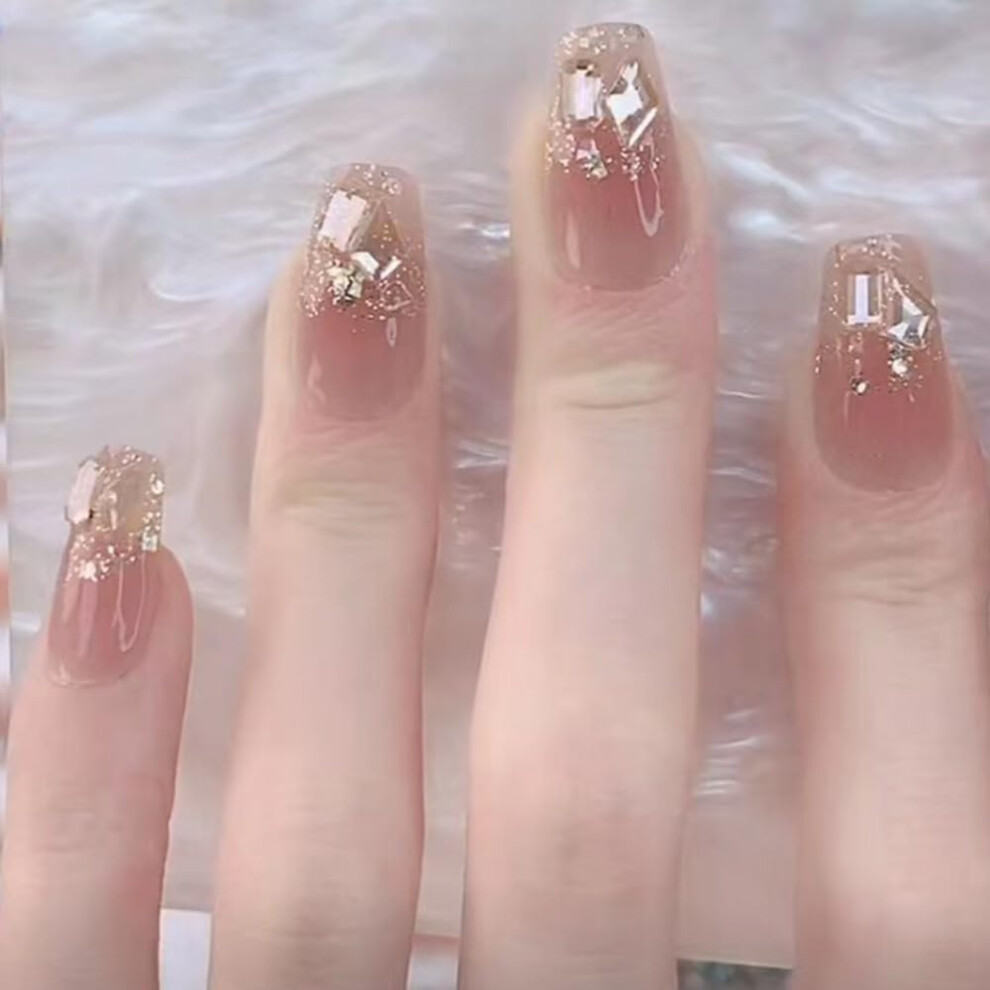 Pink,Cream Coffin Press On Nails Nude Pink Gradient With Glitter Rhinestones, Medium Glue On Set 24Pcs
