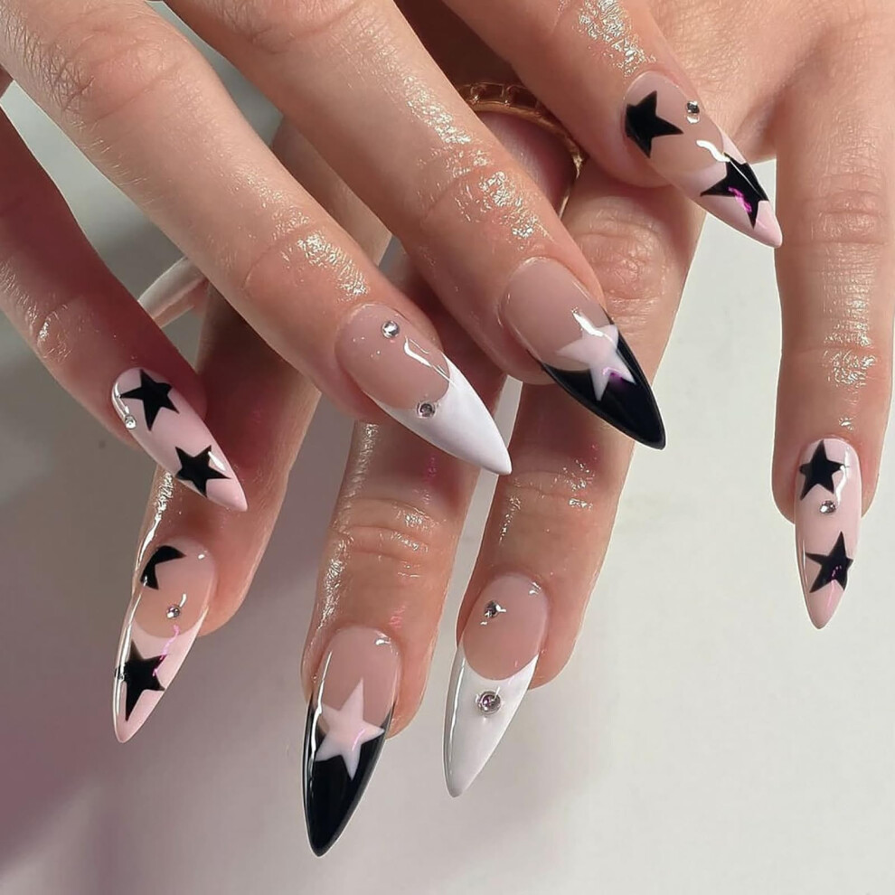 Medium Almond Press On Nails Pink French Tip Fake Nails with Star Design 24pcs LongLasting Shine