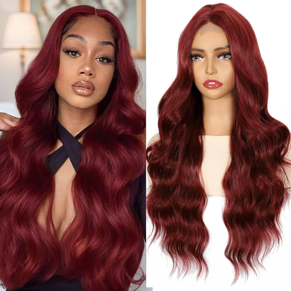 28 Inch Burgundy Body Wave Lace Front Synthetic Wig for Women Natural Hairline Heat Resistant
