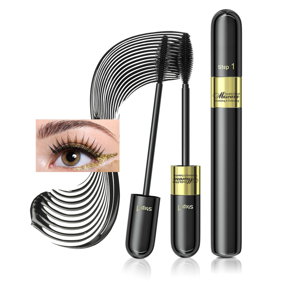 Waterproof LongLasting Black Mascara 4D Fiber Dual Brush SmudgeProof Curl Boost 0.28oz