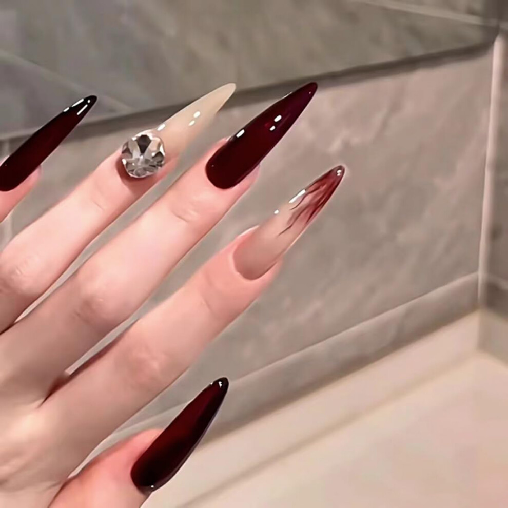 Long Red Stiletto Press On Nails with 3D Rhinestone Accents, Reusable Acrylic Set 24pcs