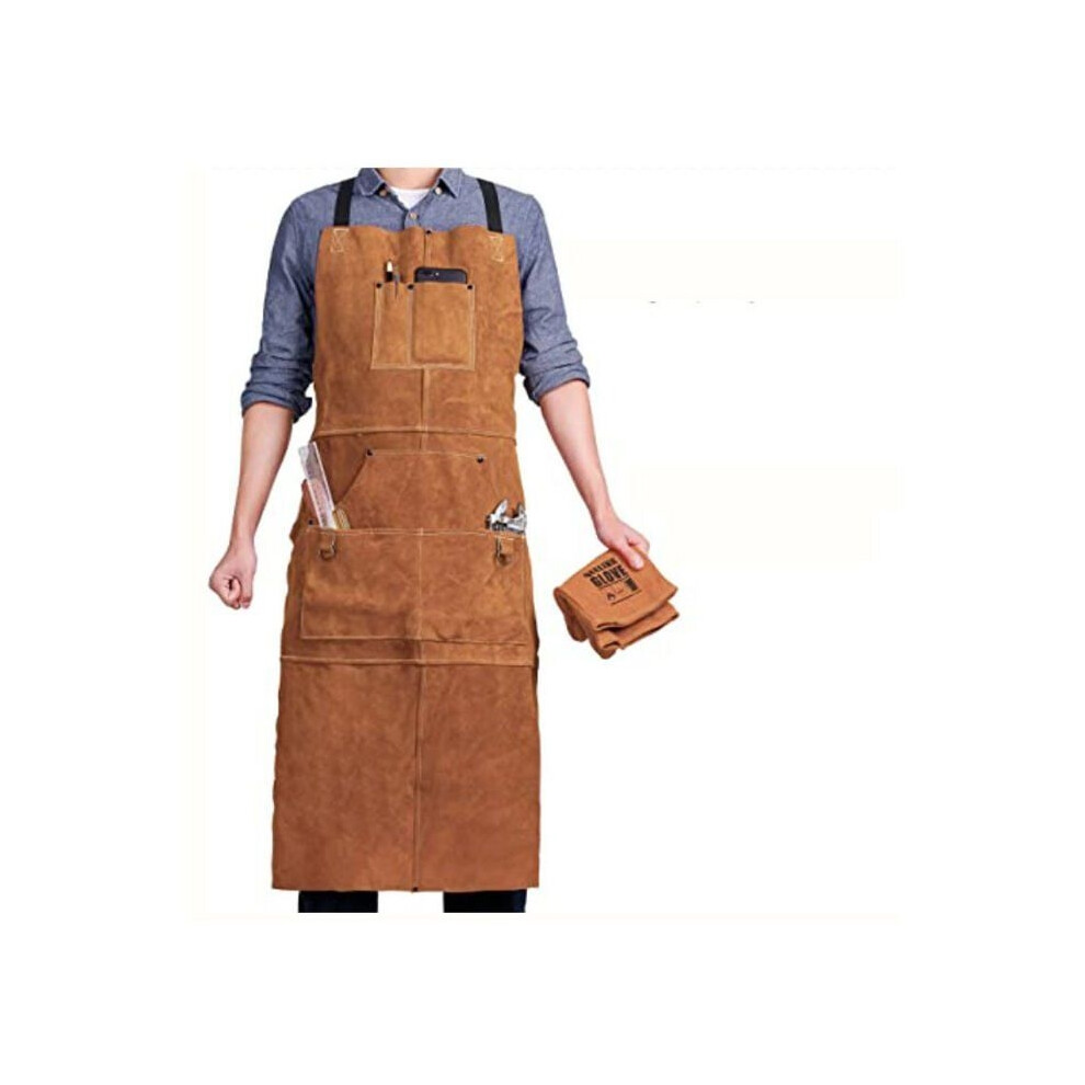 Welder's Apron With 6 Pockets, Fireproof Heat-Resistant Leather Work Apron, Adjustable Carpenter's Apron For Men 8581601028836