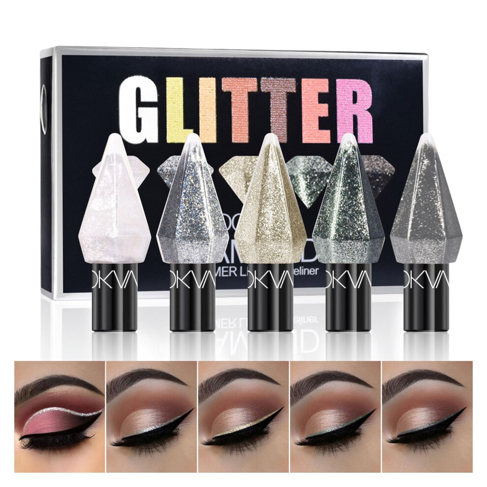 Glitter Liquid Eyeshadow and Waterproof Glitter Eyeliner Set, 5 Colors, Diamond Shape, LongLasting