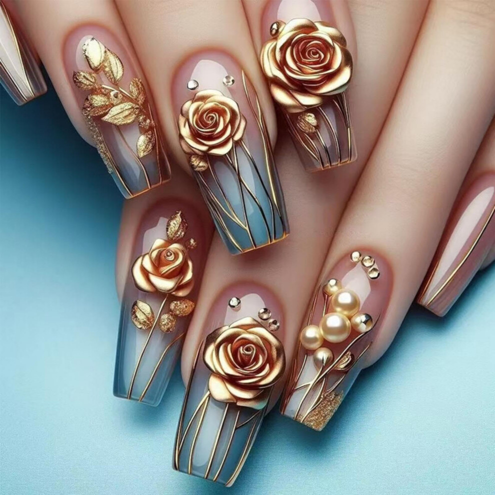 Cream,Gold Gold Ombre Press On Nails Long Nude Coffin Fake Nails With Design Glossy Reusable 24Pcs