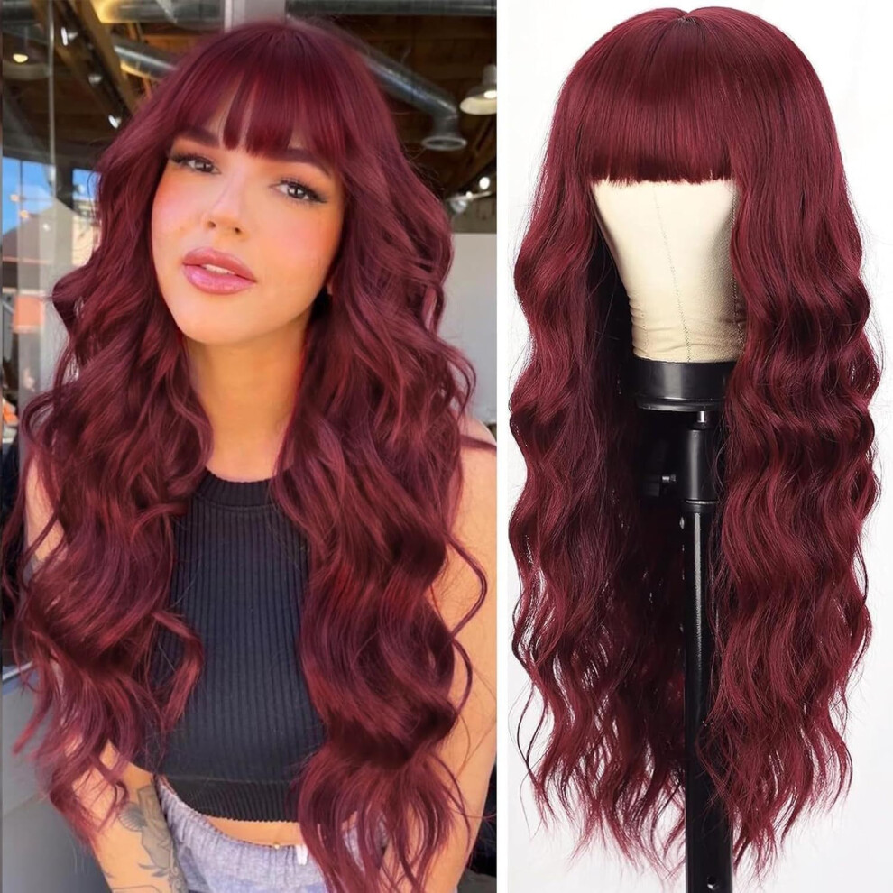 Synthetic Long Wavy Purple Ombre Wig with Bangs 26 Inch Heat Resistant Hair for Women
