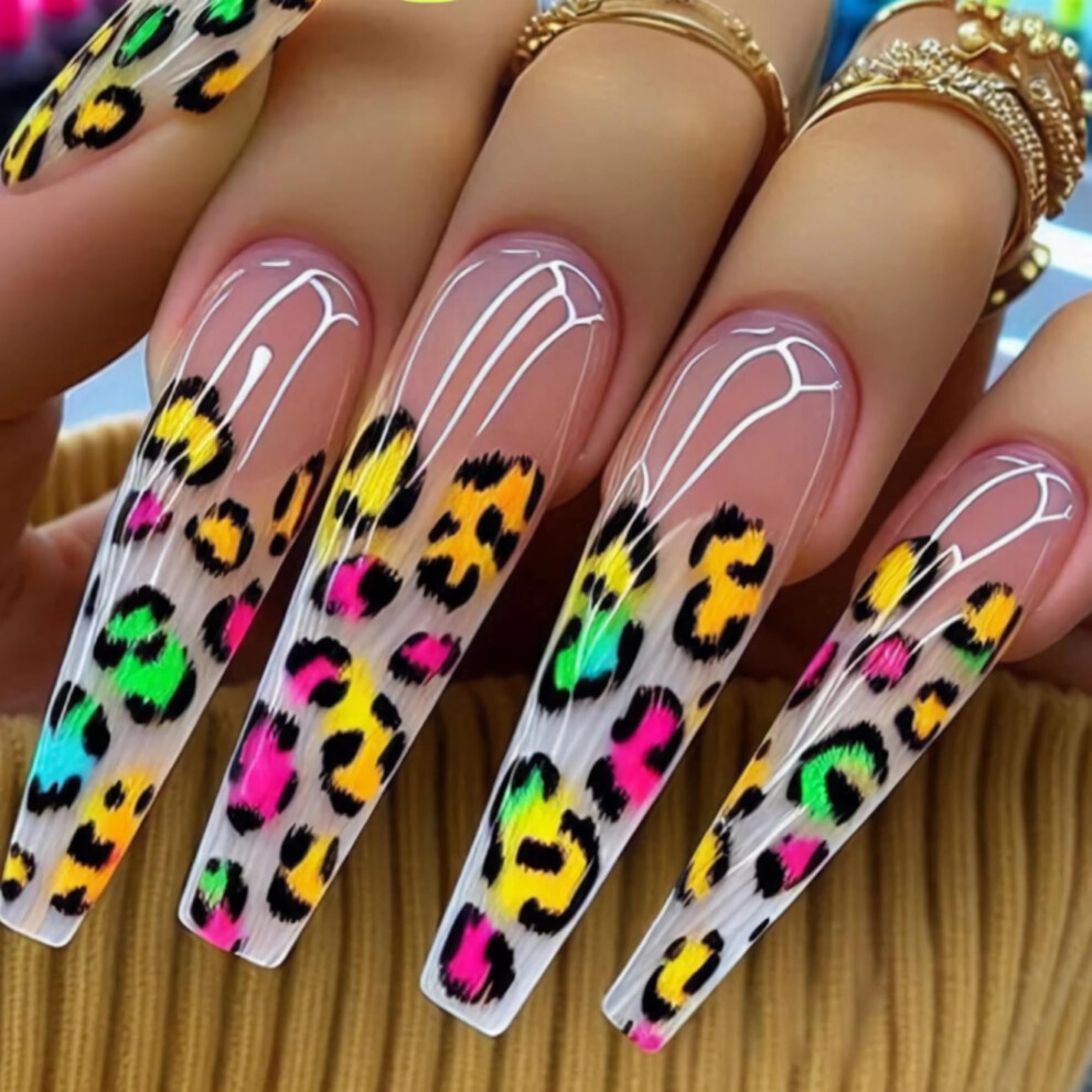 Long Coffin Press On Nails Colorful Leopard French Tip Ombre Ballerina Acrylic Fake Nails 24pcs