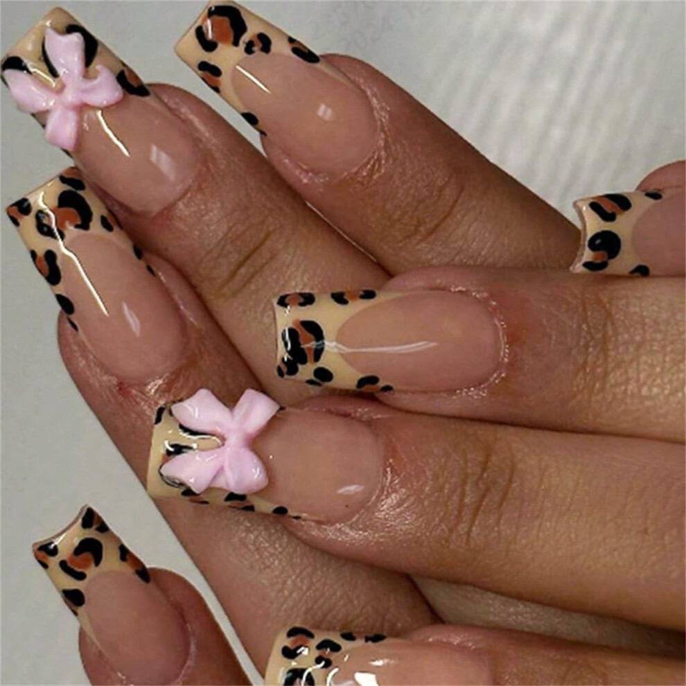 Leopard Print Press On Nails with Elegant 3D Bow and Glossy French Tip Acrylic False Nails, 24pcs
