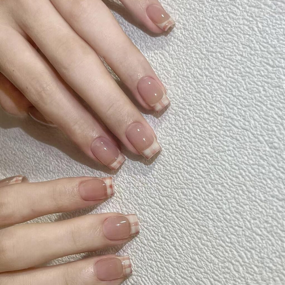 Short Ballerina Press On Nails Glossy Plaid French Tip False Nails Reusable Professional Look