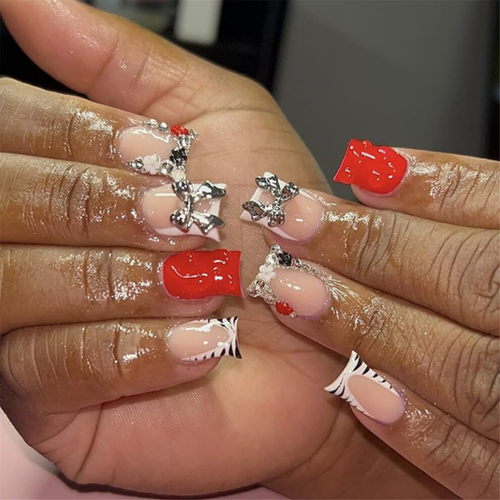 French Tip Press On Nails with Rhinestones and 3D Bows, Glossy Square False Nails 24 Pcs