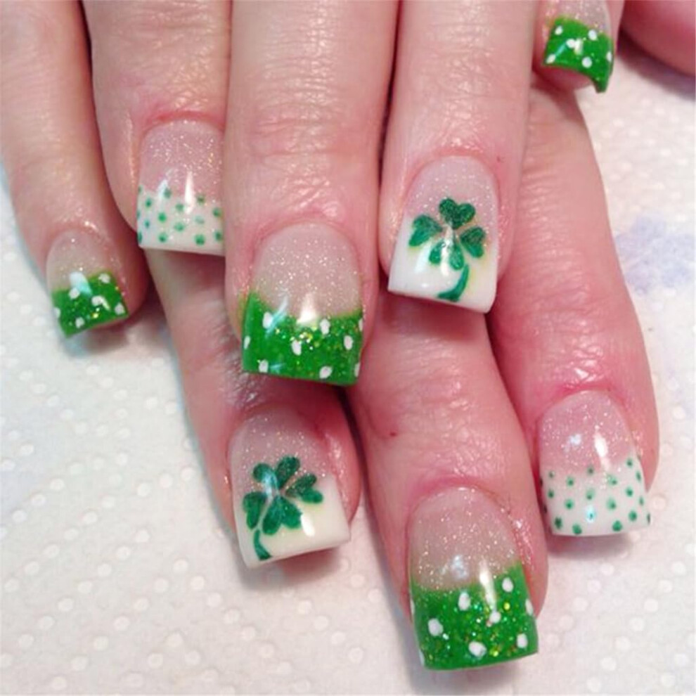Green Saint Patrick's Day Press On Nails Set, Shamrock Fake Nail Tips, 24Pcs Square French Style