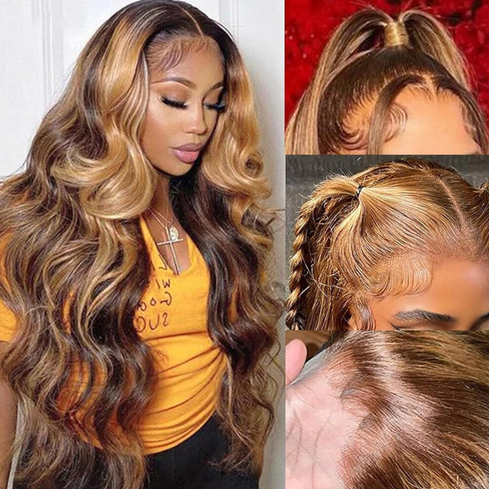 Unisex Human Hair Lace Front Wig Highlight Ombre Honey Blonde Body Wave 13X4 Hd Transparent Lace Glueless
