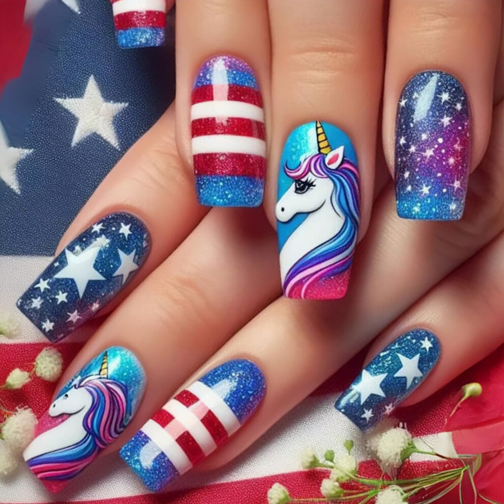 Fourth of July Press On Nails 24pcs Patriotic Stars Stripes Square Shape Reusable Fake Nails for Women
