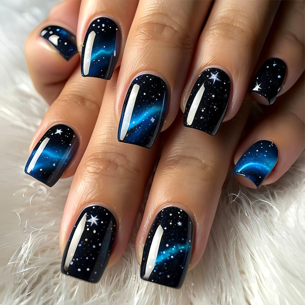 Blue Gradient Press On Nails With Stars, Medium Square Glossy False Nails 24Piece Set