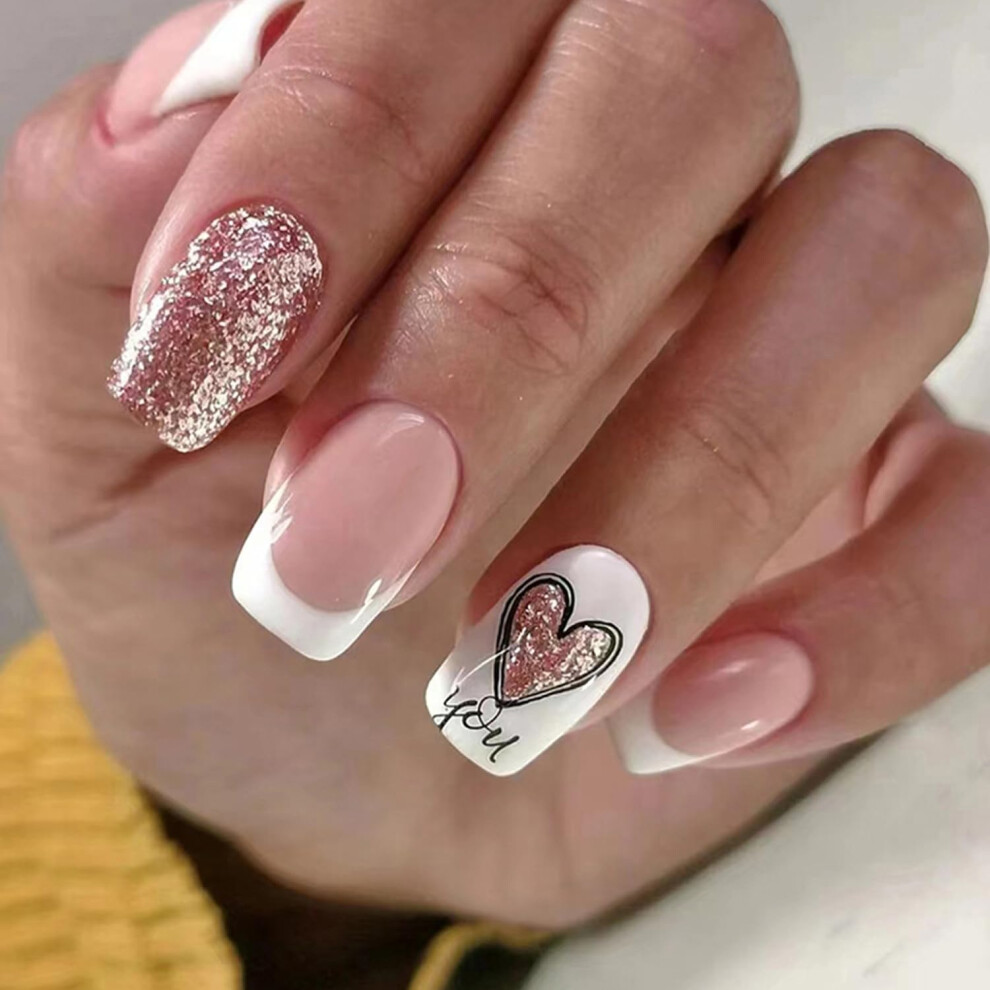 Pink Valentine's Day French Tip Press On Nails Light Glitter Hearts Square Acrylic 24Pcs