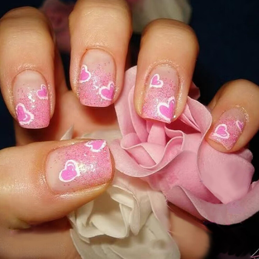 24Pcs Valentines Day Press On Nails Short Square Glitter Fake Nails with Heart Design Acrylic