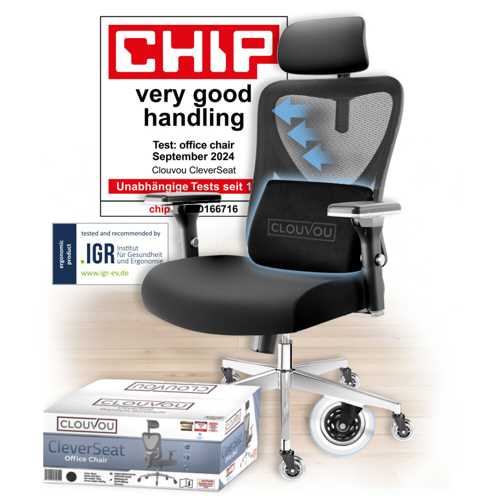 Clouvou Ergonomic Mesh Office Chair, Adjustable Seat Depth, 4D Armrests, 3D Headrest, Lumbar Support, 135 Degree Recline - Cleverseat