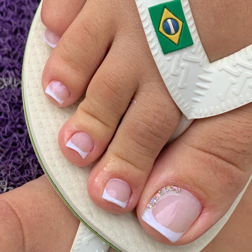 White French Tip Fake Toenails with Rhinestones, Short Square Press On Toenails for Women, 24Pcs