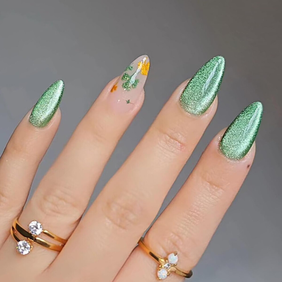 Green Short Almond Cat's Eye Press On Nails 24Pcs Reusable Glitter Fake Nails With Shamrock Design