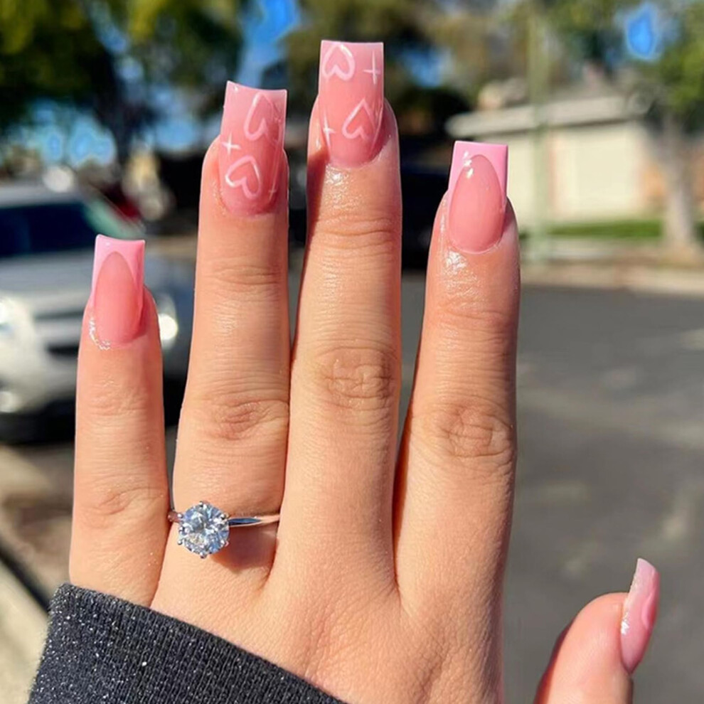Pink Heart Press On Nails with French Tips, Acrylic False Nails Valentines Design, 24pcs