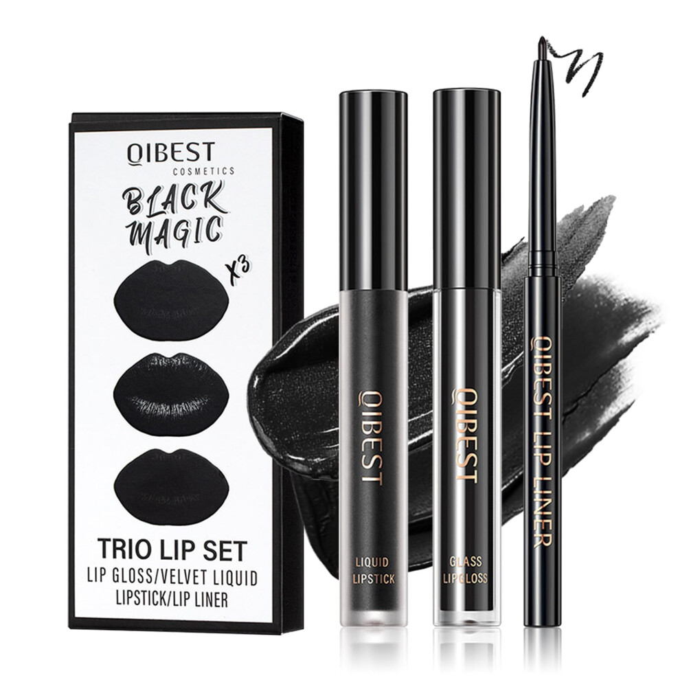Black 3Pcs Lip Liner And Matte Liquid Lipstick Set Longlasting Waterproof Velvet Finish For Halloween Cosplay