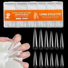 504PCS XXXL Extra Long Stiletto Nail Tips Clear Full Cover Non C Curve Acrylic Tips 12 Sizes Durable Fit