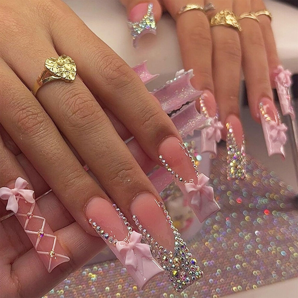 Long Square French Press On Nails with 3D Bow Rhinestone Accents, 24pcs Elegant False Nails for Women