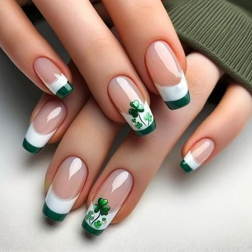 White,Green St. Patrick's Day Press On Nails Green White Clover French Tip Medium Coffin Acrylic Fake Nails