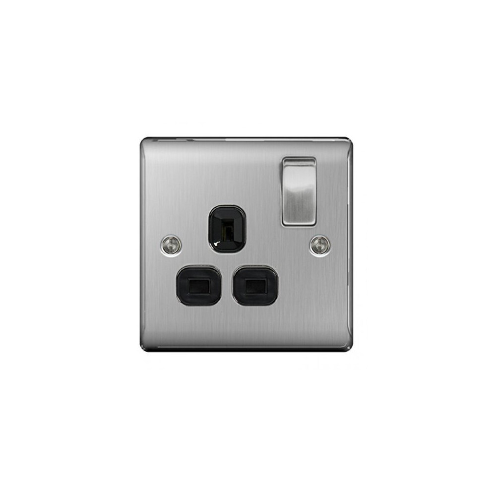 Bg-Nexus-Metal Single 13A Plug Socket,Brushed Steel Finish,Black Inserts 5050765037266